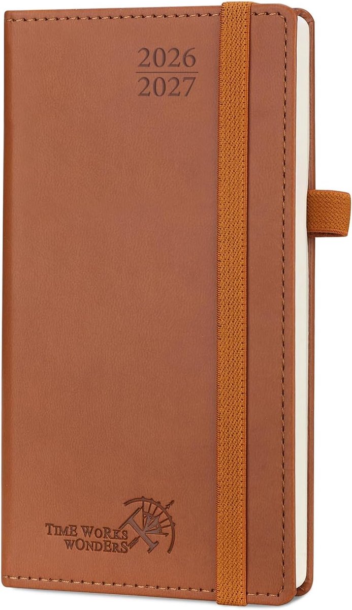 SnelShoppen - Agenda Pocket 2026 2027 Weekplanner 16,5 x 9 cm, Harde PU Lederen Kaft, Uurindeling, Bruin - 17 Maanden Planner voor Werk, School en Per