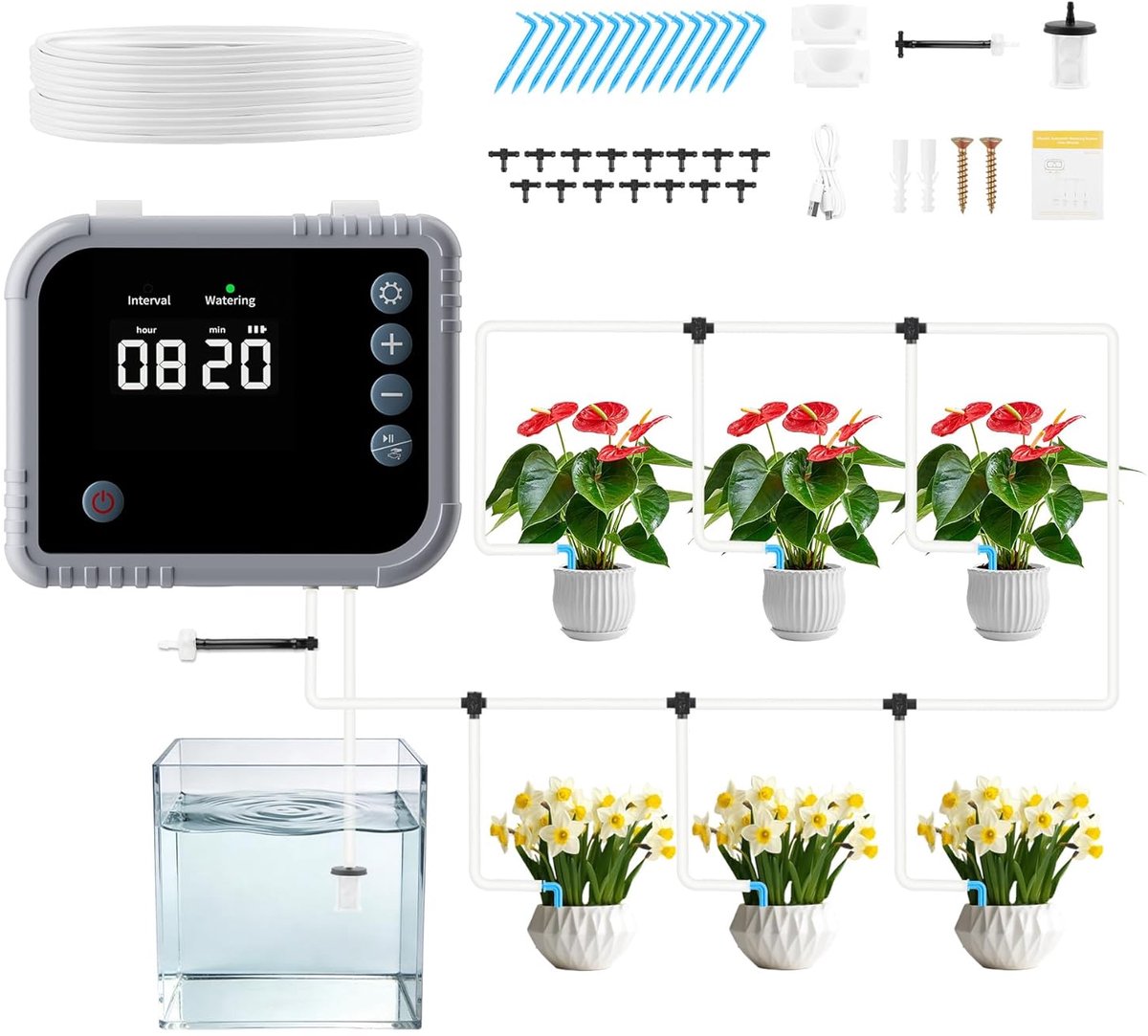SnelShoppen - Automatisch Irrigatiesysteem voor Binnen - 350 Irrigatiemodi - 15 Potplanten - 2200 mAh Oplaadbaar Druppelirrigatie Systeem voor Balkon