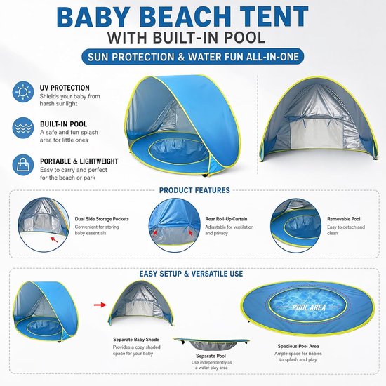 SnelShoppen - Pop-up Strandtent met UV-bescherming 50+ voor Baby's - Draagbare Mini-Zwembad Tent - Afneembaar Dak - Windscherm voor Peuters - Perfect van Snelshoppen — afbeelding 4