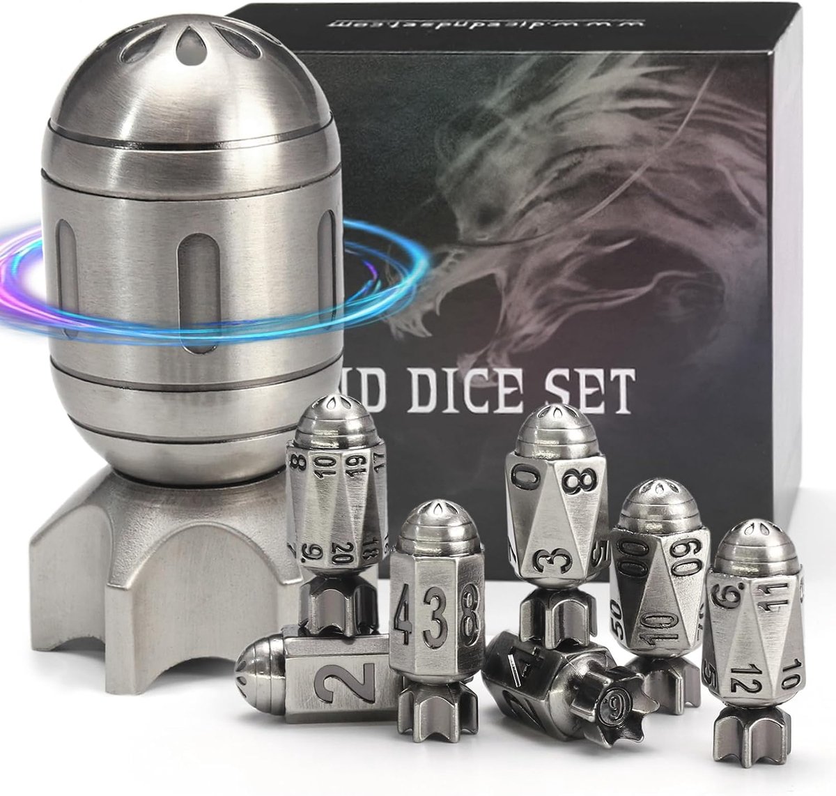 SnelShoppen - FONVGOGO Raketten Metalen DND Dobbelstenen Set 7 Stuks met Roterende Container voor Dungeons en Dragons, Coole D&D Cadeau in Raket Zilve