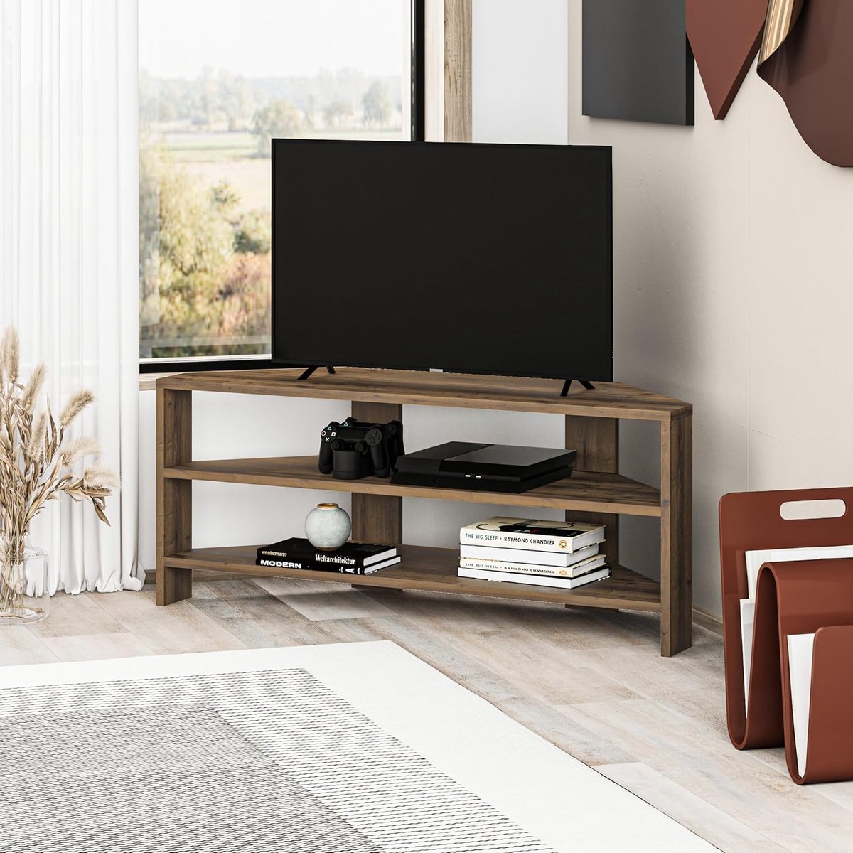 SnelShoppen - Hoek TV-meubel met 2 Planken voor Woonkamer of Kantoor – Modern Design TV Kast voor 32 inch TV’s – Donker Eiken Effect – Meerdere Kleuro