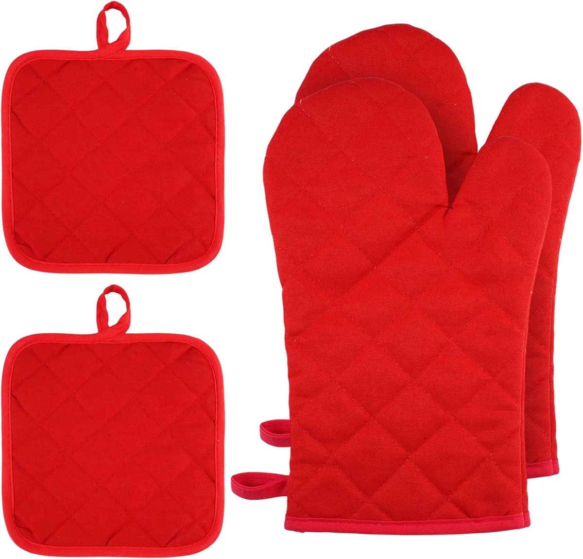 SnelShoppen - 4 Stuks Hittebestendige Ovenwanten en Pannenlappen Set, Antislip Kookhandschoenen van Zacht Katoen voor Koken, Bakken en Grillen (30 cm,