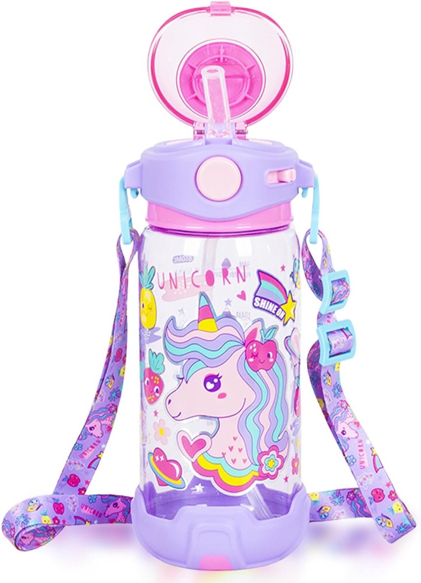 SnelShoppen - Kinderdrinkfles met Rietje en Koord, 650 ml BPA-vrij, Lekvrije Vergrendeling, Flipdeksel, Ideaal voor School, Sport en Reizen, Eenhoorn
