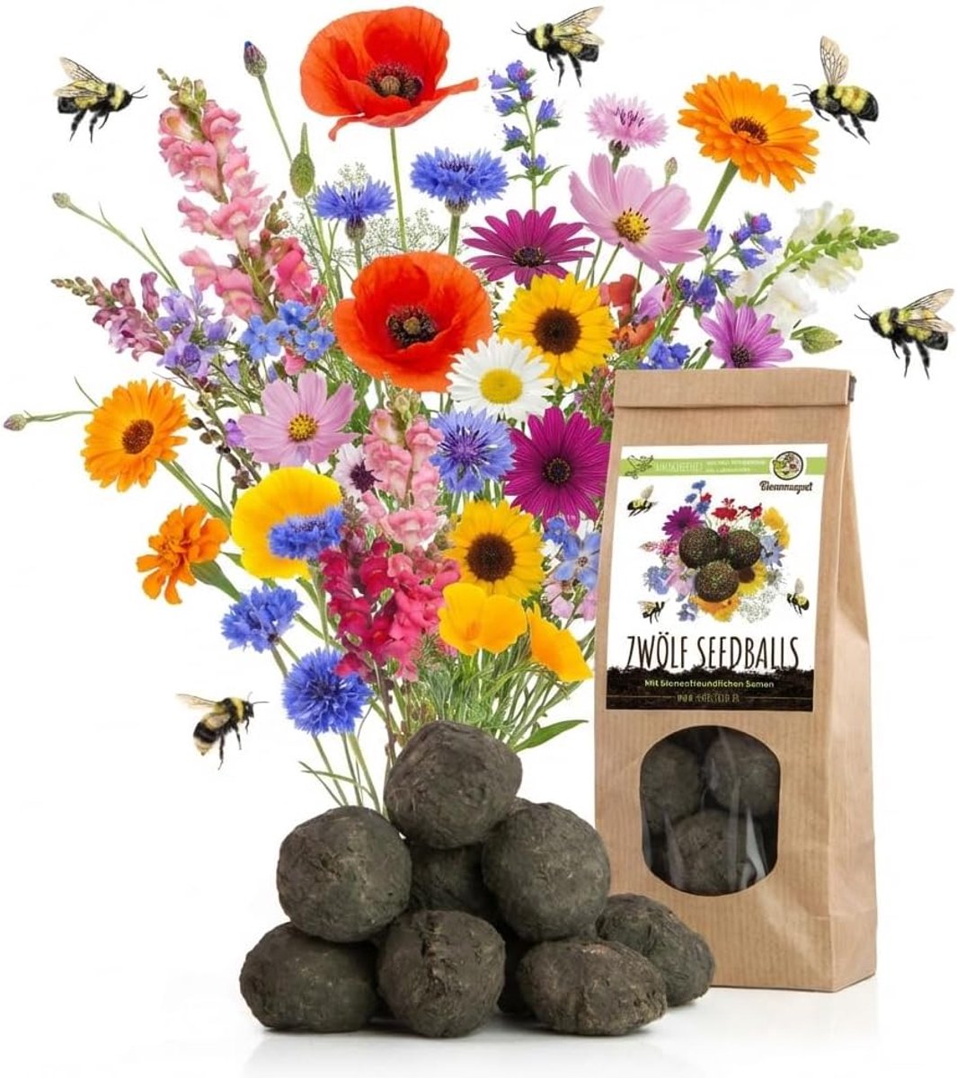 SnelShoppen - 12x Zaadbommen voor Kleurrijke Bijenweide - Nectarrijke Bloemenmix voor Bijen, Vlinders en Tuinplezier - Ideaal voor Tuin, Balkon en Kin