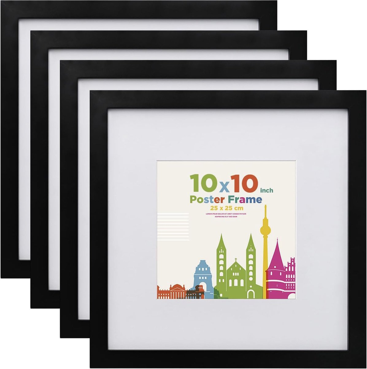 SnelShoppen - Set van 4 Fotolijsten 25 x 25 cm - Houten MDF Lijst met Acrylglas - Inclusief Passe-Partout voor 15 x 15 cm Foto's - Zwarte Wand- of Taf