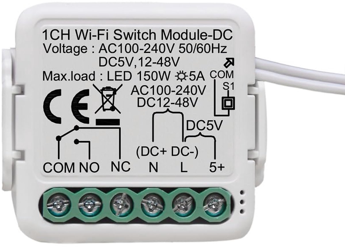 SnelShoppen - Tuya Smart Life Wifi Relais Schakelaar Module 1 Kanaals DC 5V 12/24V AC 100-240V - Compatibel met Alexa en Google Home voor Slimme Huize