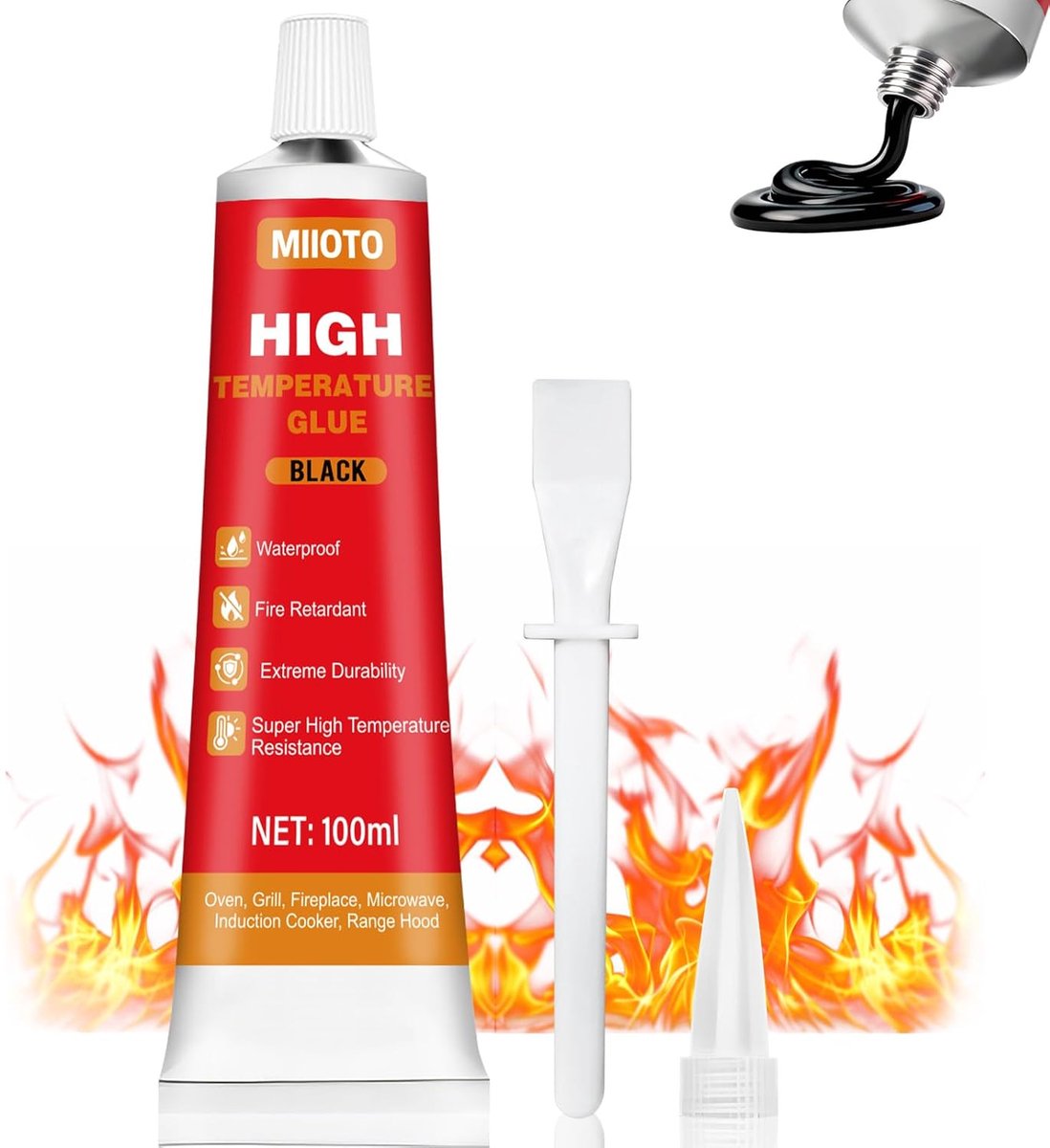 SnelShoppen - Hittebestendige Ovenveterlijm, Vuurvaste Lijm voor Afdichten en Lijmen, 100 ml, Zwart, Waterdicht, Geschikt voor Kachels en Open Haarden