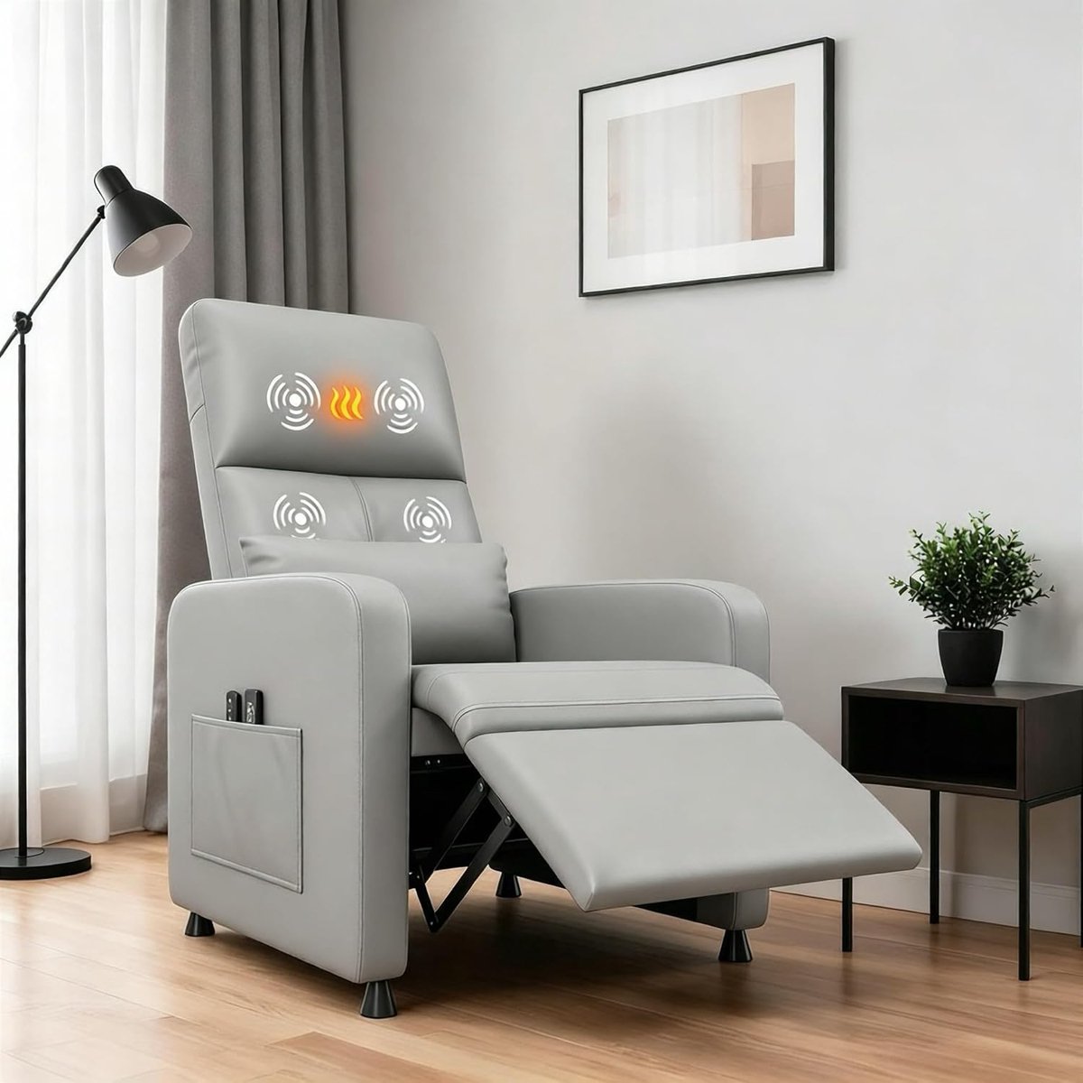 Elektrische Relaxstoel met Massage en Verwarming - Verstelbare TV-fauteuil (90°-150°) - PU-Leer - Geheugenfunctie - Grijs - Max. 136 kg