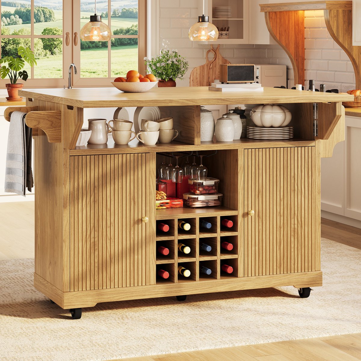 MEUNIQ multifunctionele keukentrolley 142,5 x 80 x 95 cm met uitklapbare bladen, opbergruimte, verstelbare planken, wijnflessenhouder en wielen, naturel Natuurbruin