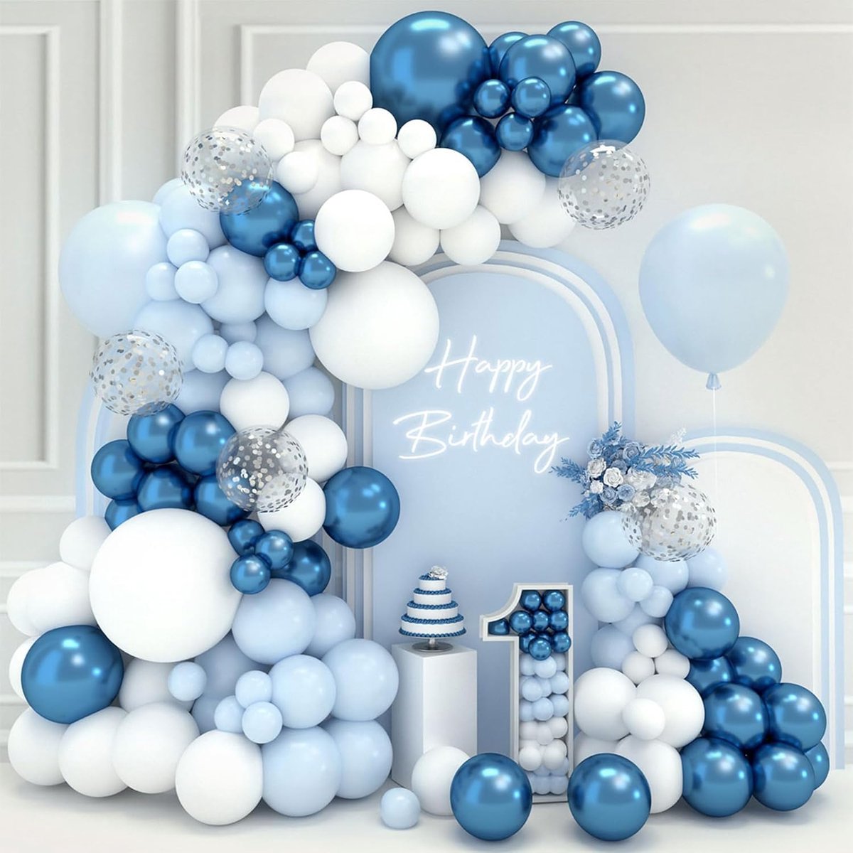 SnelShoppen - Blauwe en Witte Ballonnen Boog Kit - 102 Stuks - Metallic Blauw, Wit en Lichtblauw Ballonnen (18, 12, 10, 5 Inch) - Perfect voor Verjaar