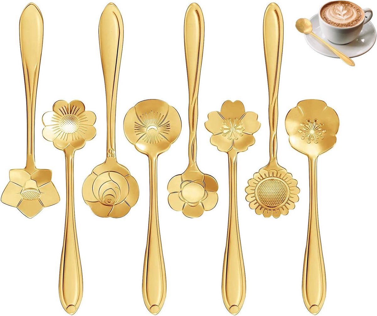 SnelShoppen - Petal Spoon 8-Piece RVS Theelepels, Creatieve Tafelware, 12.5cm IJslepel, Goud, Perfect voor Horeca, Thema Restaurants, Bars en Dessert