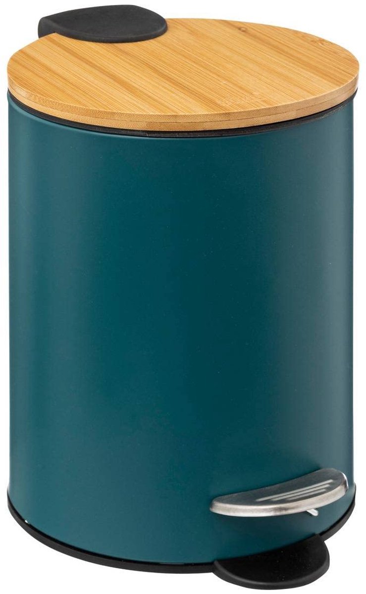 SnelShoppen - Prullenbak 3 Liter Metaal Petrol met Bamboe Deksel - Stijlvolle Afvalemmer voor Keuken, Badkamer of Kantoor - D 17 cm x H 24 cm - Rustig