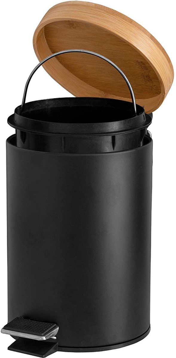 SnelShoppen - Elegante Pedalafvalbak 3L met Bamboe Deksel, Zwart - Stijlvolle Prullenbak voor Badkamer, Keuken en Kantoor - Vingerafdrukvrij en Hygiën