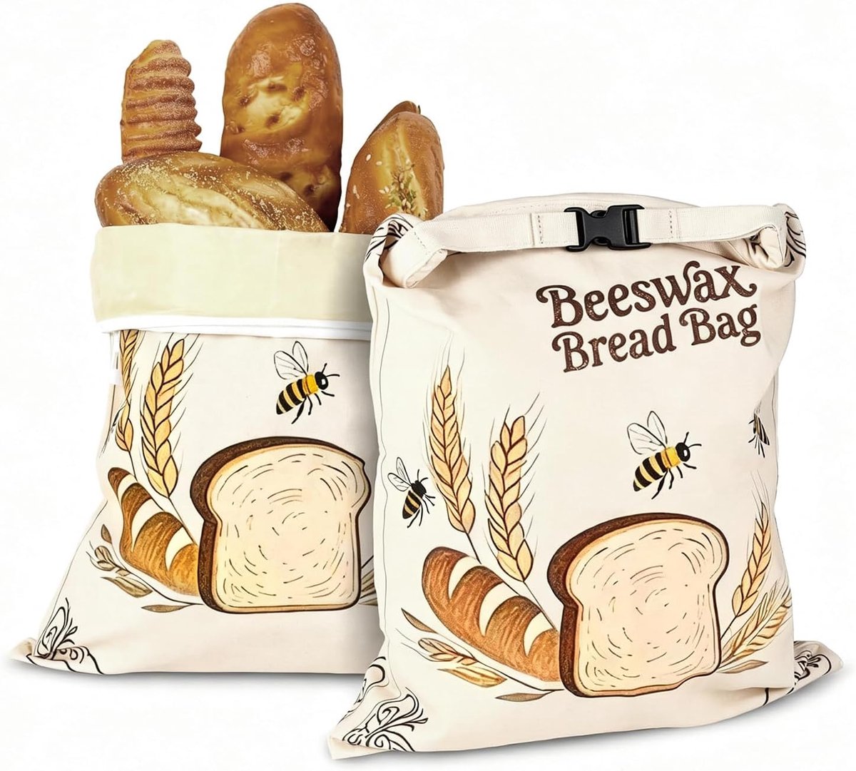 SnelShoppen - Bijenwas Broodzakt Set van 2 - Herbruikbare Broodzakt Met Rits - 43 x 33 cm - Natuurlijke Katoenen Broodzak Voor Zuurdesem en Gebak - Du
