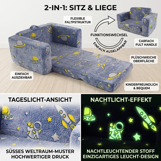 STILVORA Kinderfauteuil Compact Formaat - Opklapbaar Met Lichtgevend Ruimtepatroon En Afneembare Hoes - Voor Kinderkamer - Stof Blauw van STILVORA — afbeelding 4