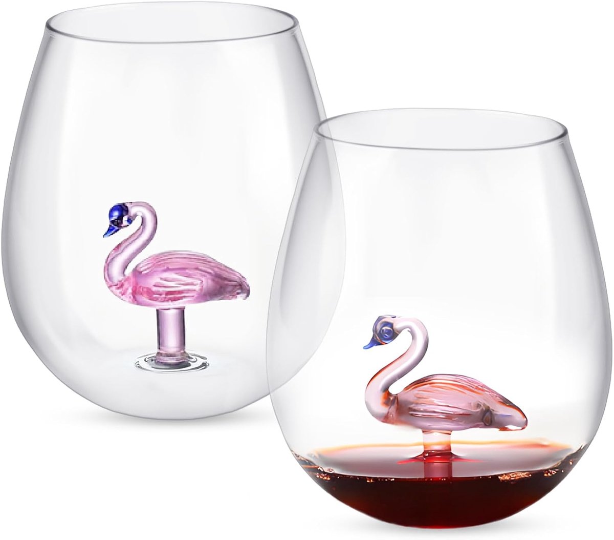SnelShoppen - 2 Stuks Flamingo Wijnglazen Zonder Steel 500ml Cocktailglazen Kristalhelder, 3D Flamingo Design voor Feest, Bar en Bruiloft