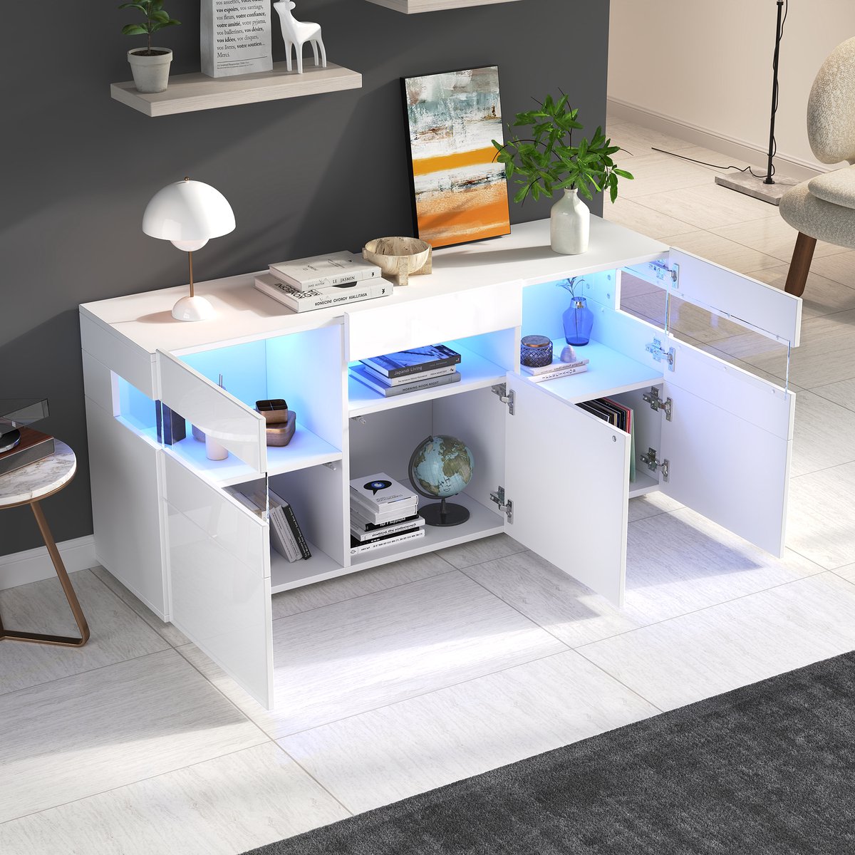 Wishdor - Dressoir - 3 deuren en LED-verlichting - 7 opbergvakken en halfopen vak - modern Scandinavisch - woonkamer - houtlook en acryl - wit - 140 x 40,5 x 66,5 cm