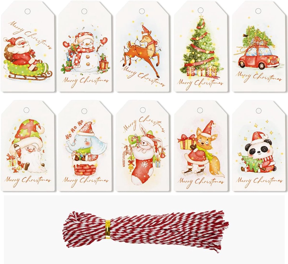SnelShoppen - 100 stuks Kerst Gift Tags met Jute String en Katoenen String, Rode Cadeau Labels voor Kerst, DIY Craft, Cadeaus Inpakken, Kerstboom Deco