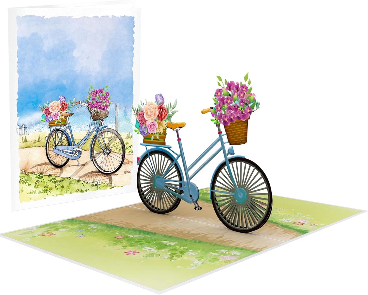 SnelShoppen - 3D Pop Up Fiets Kaart met Rode Bloemen - Vrolijke Vrouwelijke Fiets - Verjaardag Kaart - Creatieve Wenskaart - 12x17 cm - Perfect voor V