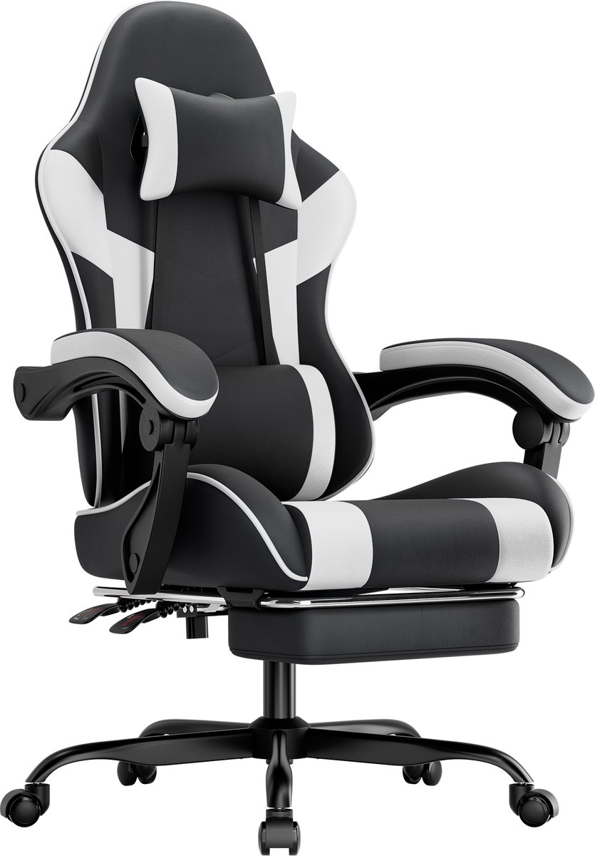 Ergonomische Gaming stoel - Met lendensteun - Draagvermogen 200 kg - Verstelbare zithoogte en rugleuning - Ademend PU-leer - Zwart-wit design