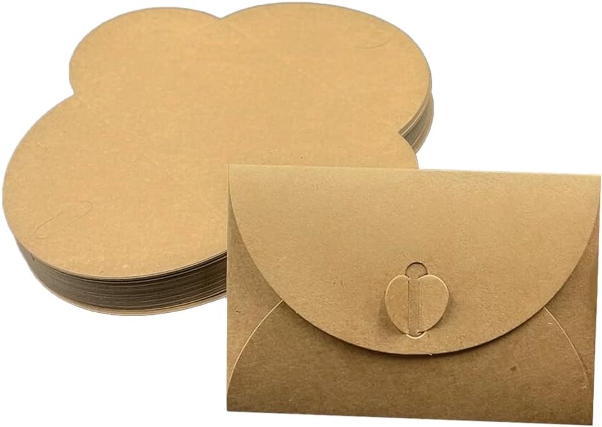 SnelShoppen - 50 Stuks Mini Enveloppen Kraft Papier met Hartknopen - Voor Cadeaubonnen, Uitnodigingen, Verjaardagskaarten - Bruin - 10,5cm x 7cm