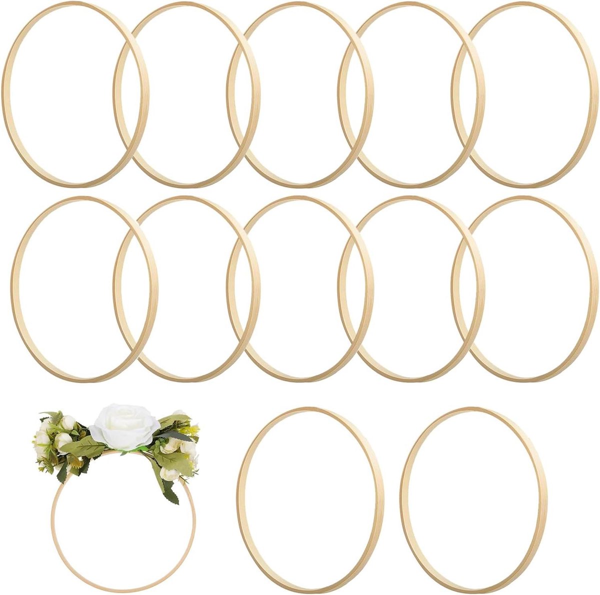 Houten Ringen Set - Ambachtelijke Hoepels - Decoratie Maken - Natuurlijk Bamboe Materiaal - 12 Stuks 15cm - Houtkleur