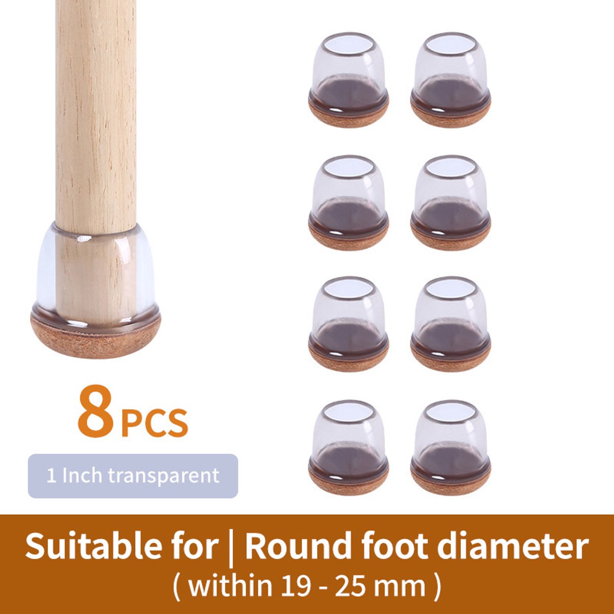 Ronde Meubelpootdoppen – Stoelpootdoppen – TPE + Vilt – Anti-Kras & Geluidsdempend – Voor Stoelen, Tafels & Meubels – Thuis & Kantoor – Transparant/Bruin – 19-25 mm – 8 Stuks