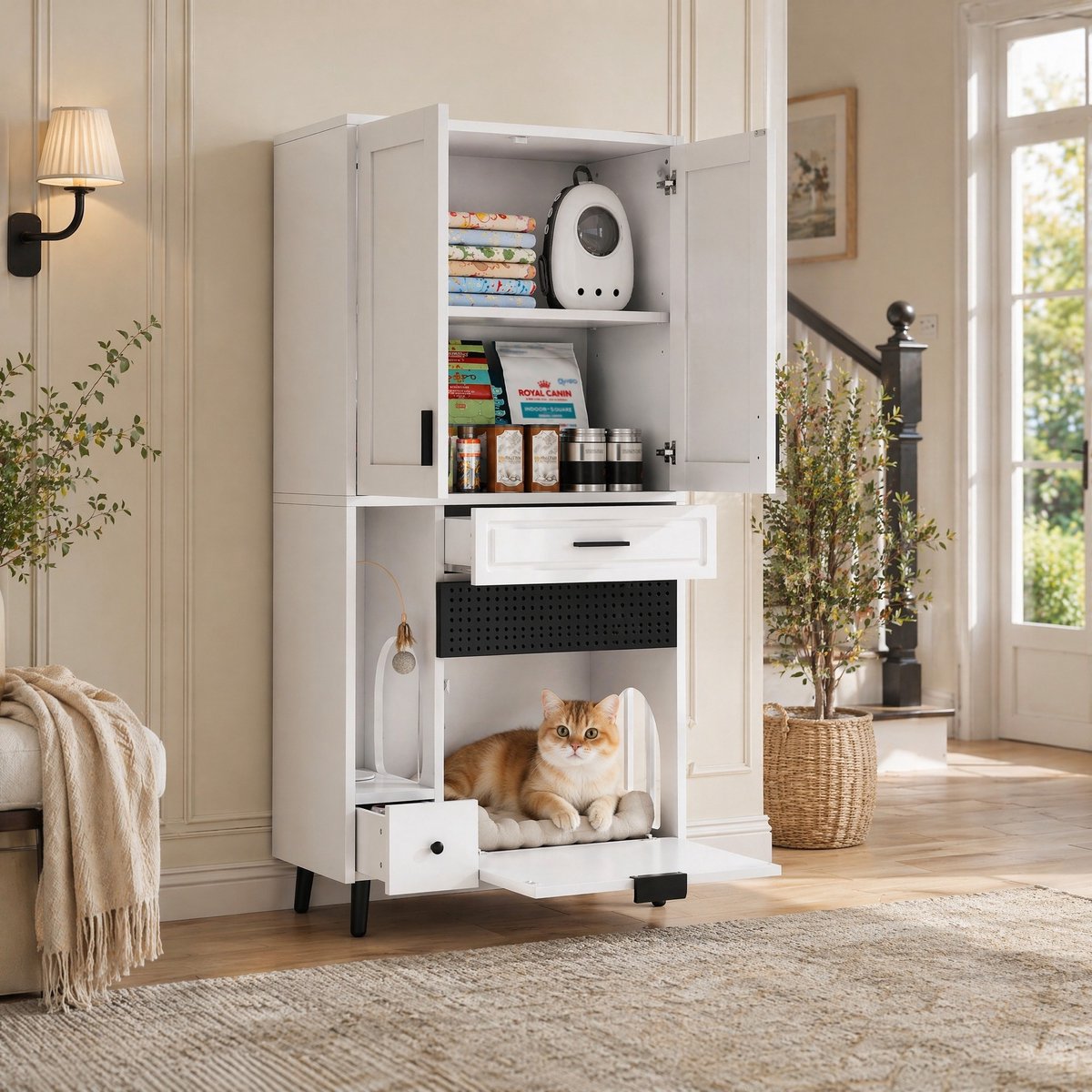 Wishdor - Katten opbergkast - multifunctionele indeling met verstelbare planken en lades - modern voor woonkamer - houtlook - wit - 80 x 40 x 161 cm