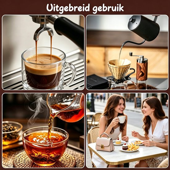 Collage met vier afbeeldingen: espresso, pour-over koffie, thee en twee vrouwen die buiten koffie drinken.