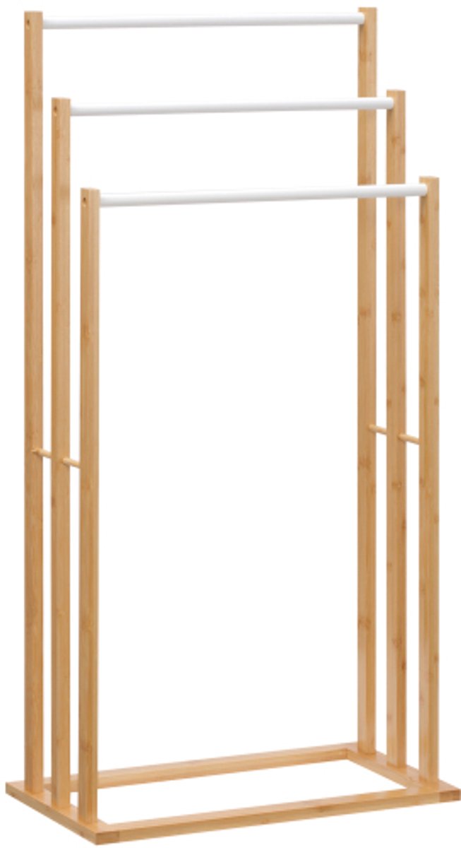Handdoekenrek - Badkameraccessoire Voor Wellness - Vrijstaand Bamboe Rek Met 3 Stangen - Handdoekhouder - Opbergrek - Drogrek - Natuurlijk Bamboe Rek Afmeting 48x25,8x94cm