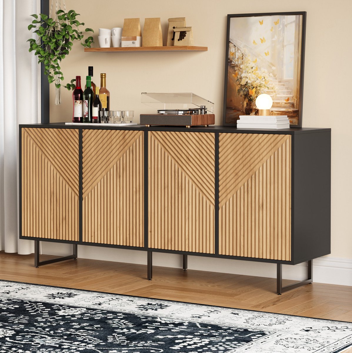 Wishdor - Dressoir - 160 cm met 4 deuren en 8 opbergvakken - industrieel woonkamerkast - houtlook en metaal - naturel en zwart - 160 x 40 x 75 cm
