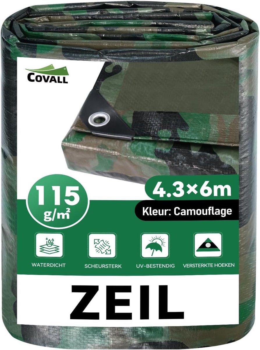 Thijox - Waterdicht Afdekzeil 115 g/m² - Dekzeil met Versterkte Randen, Oogjes, UV-bestendig, Winddicht, Scheurvast, Groen Camouflage, 4,3x6m voor Tui