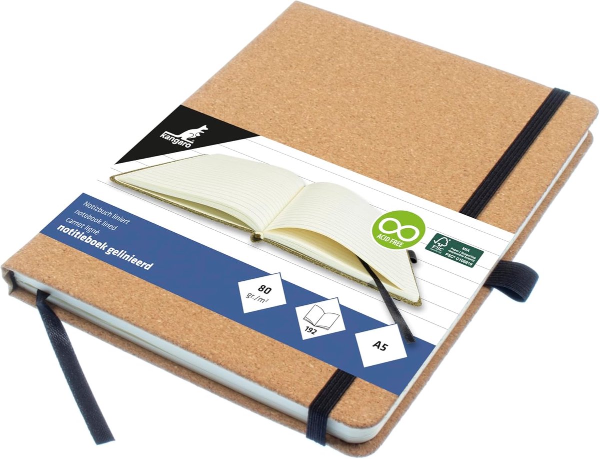 Thijox - Notitieboek A5 Kurk Gelinieerd 96 Vel 80 Gram Hardcover Met Elastische Sluiting En Leeslint Voor School, Werk En Notities