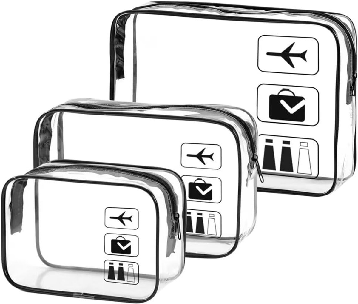 Thijox - Transparante Toilettas Set van 3 - Cosmeticatas, Vloeistofzak, Handbagage, Waterdicht PVC, Reistas voor Vliegtuig, Zwart