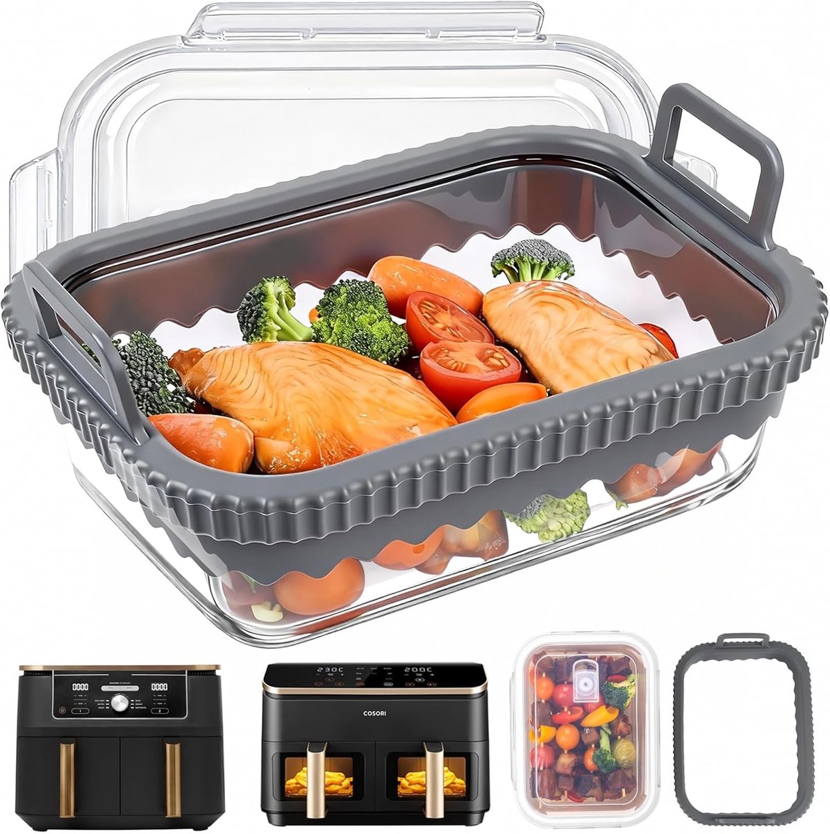 SnelShoppen Air Fryer Accessoires voor Dual Fryer Premium Borosilicate Glas met Silicone Handvatten Hittebestendig Krasbestendig Duurzaam Ke