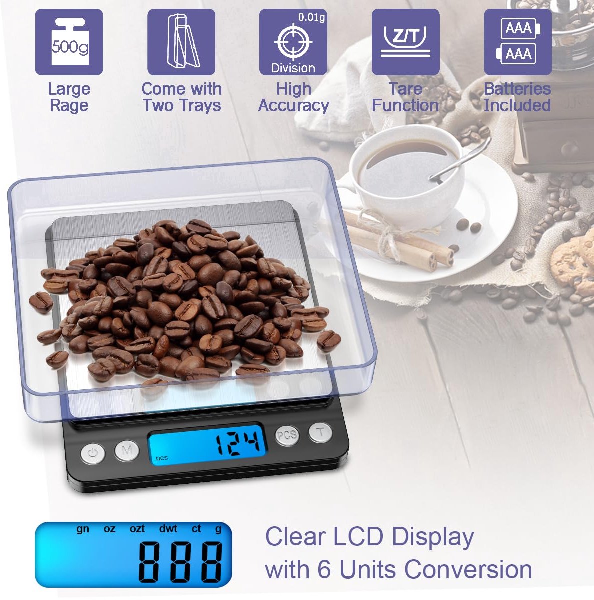 SnelShoppen - Pocket Scale 0g/500g - Mini Gram Scale met Backlit LCD, 2 Laden, 6 Eenheden, Tare, Auto Off, Perfect voor Keuken, Juwelen, Koken, en Med