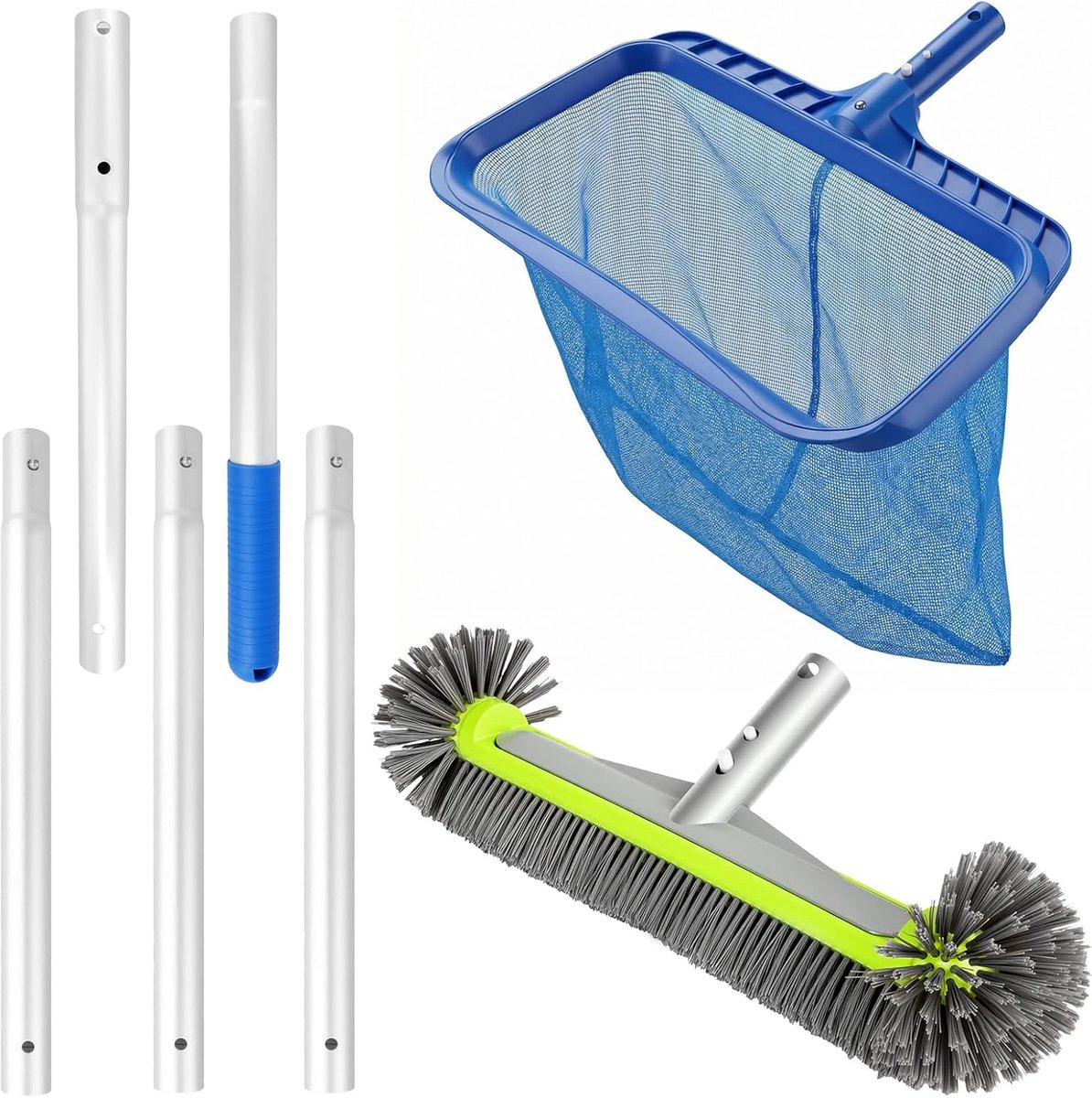 SnelShoppen - Professionele Pool Reinigingsset met Ronde Poolborstel, Verwijderbare Aluminium Steel 169 cm en Pool Skimmer voor Efficiënte Zwembadrein