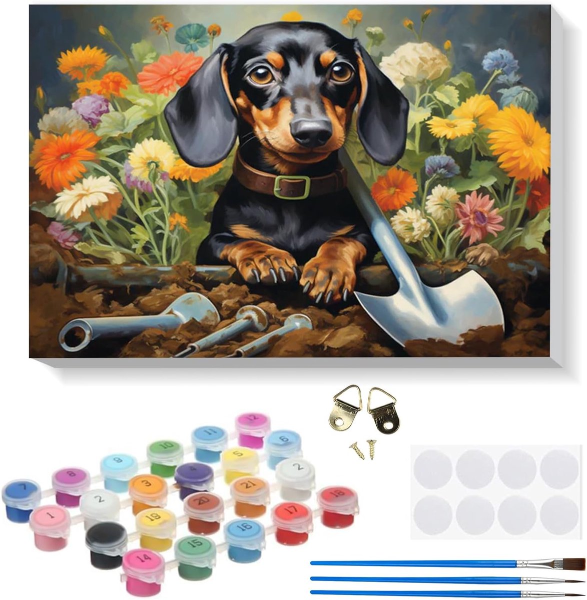 SnelShoppen - Paint by Numbers Kit voor Volwassenen en Kinderen - Teckel Schilderij met Bloemen - 20x30cm Canvas met Houten Frame - DIY Acrylverf Set