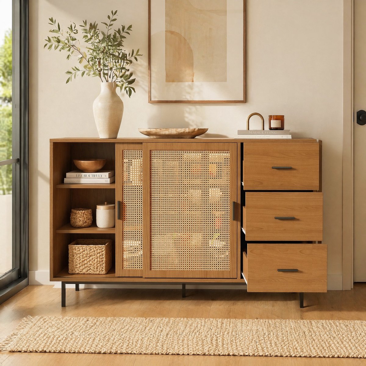 Wishdor - Dressoir - 2 schuifdeuren en 3 laden - verstelbare planken - landelijk - woon- en eetkamer - houtlook met rotanlook - naturel - 140 x 37 x 91 cm