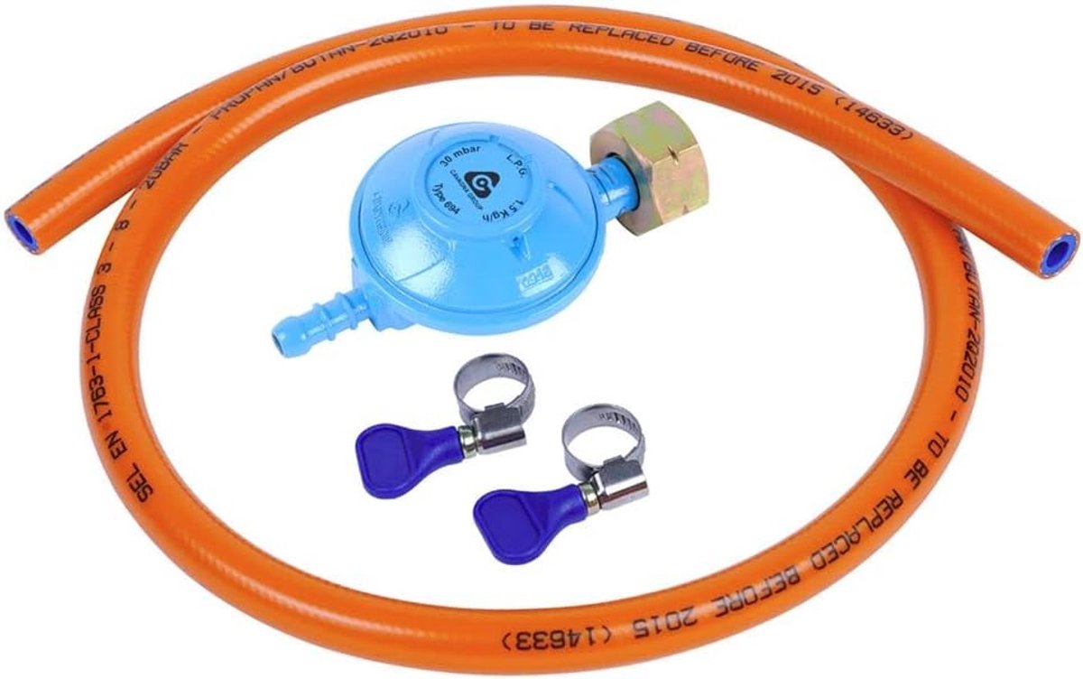 SnelShoppen - Gas Hose Installation Kit 150 cm + Pressure Regulator 1.50 Pipe 30 mbar - Perfect voor Camping, Barbecue en Tuin