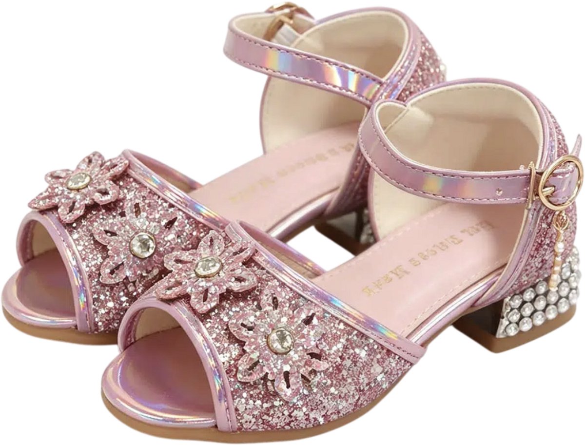 Prinsessen schoenen - met hakje - voor bij je prinsessenjurk - inclusief toverstaf, prinsessen kroon - maat 25 - roze prinsessen schoenen plastic