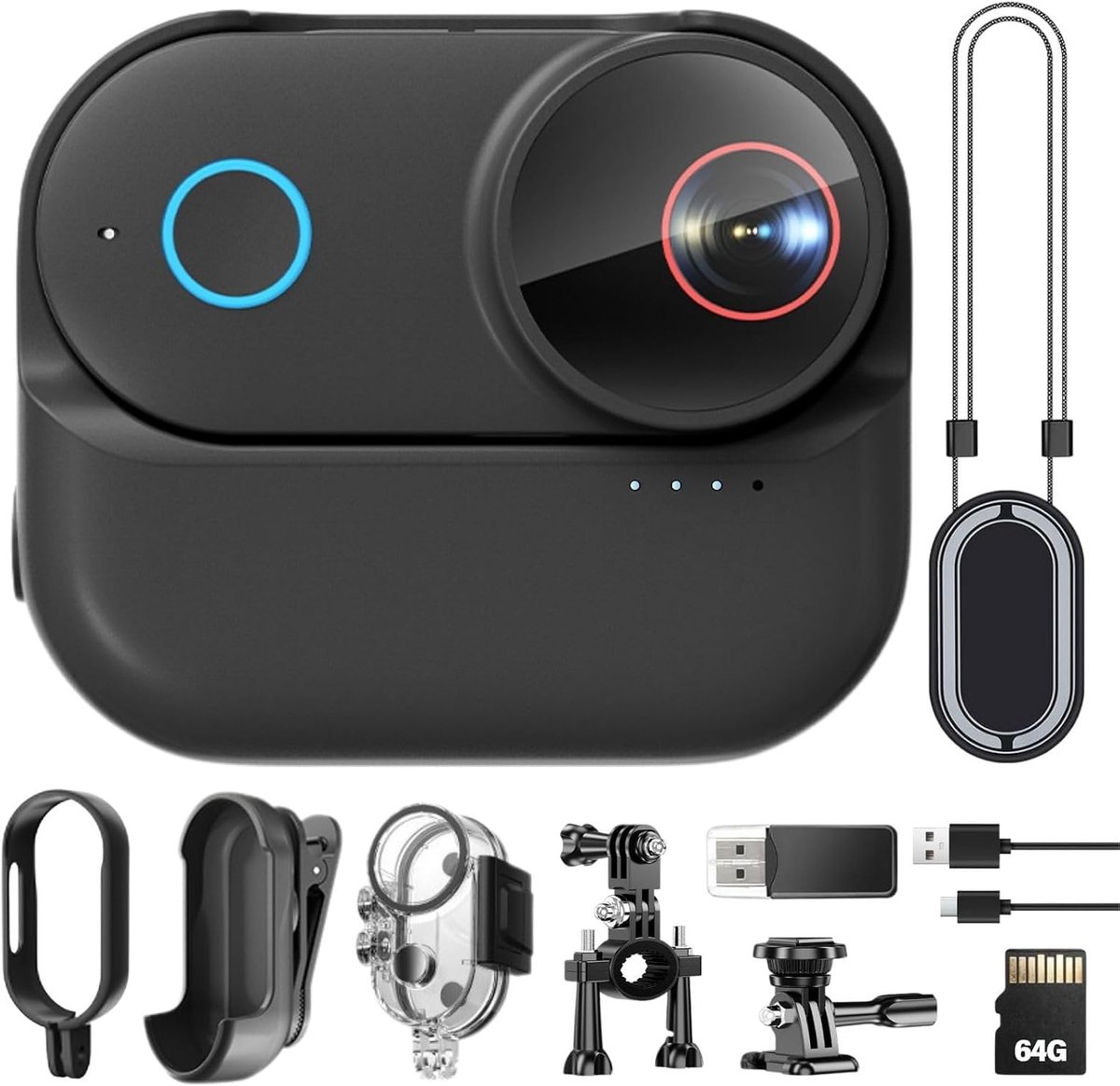 Thijox - 4K Ultra HD Action Camera met 6-assige Beeldstabilisatie, 154° Groothoeklens, Waterdicht, Wifi, 5 Uur Batterijduur en Oplaadcase (Zwart, 64GB