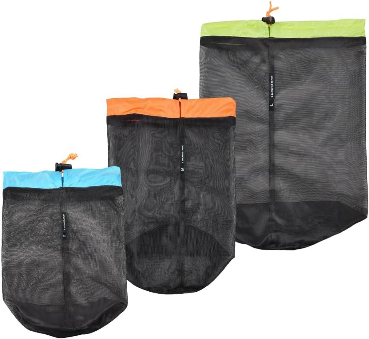 SnelShoppen - 3 Lichtgewicht Mesh Opbergzakken met Trekkoord, Kleine Reis Stapelzakken, Robuuste Mesh Tassen voor Reis, Camping, Watersport (S, M, L)