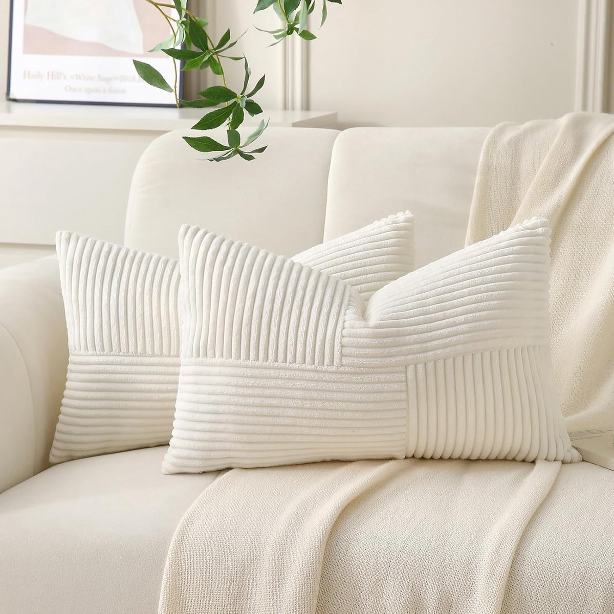 SnelShoppen - Set van 2 corduroy kussenslopen 30x50 cm crèmewit, zachte boho kussenhoezen voor bank, bed en woonkamer, trendy decoratie voor elk inter