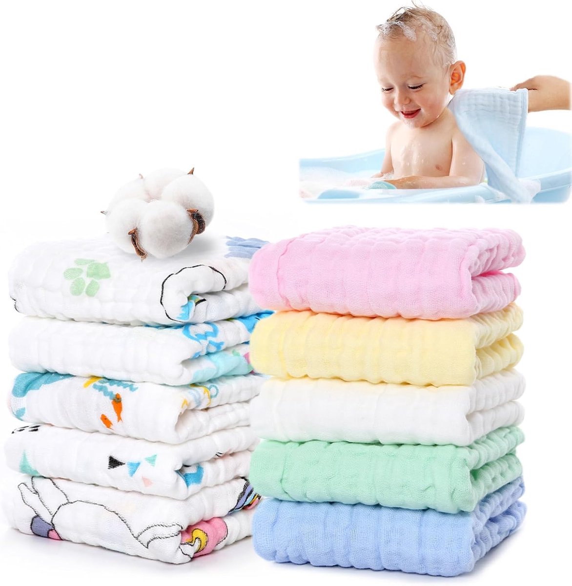 SnelShoppen - 10 Stuks 25x25cm Herbruikbare Baby Muslin Doeken, Zachte Multifunctionele Katoenen Washandjes voor Kinderen, 6 Laags, Perfect voor Gezic