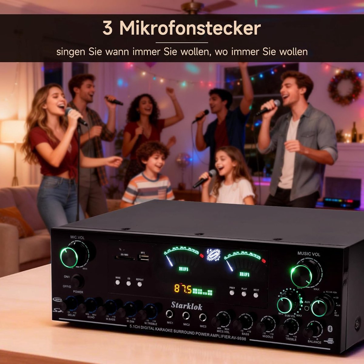 SnelShoppen - 3000W Peak Power 5.1 Kanaals HiFi Stereo Versterker met Bluetooth 5.0, USB/SD Display, Drie Microfoon Ingangen voor Thuisbioscoop, Muzie thumbnail 3