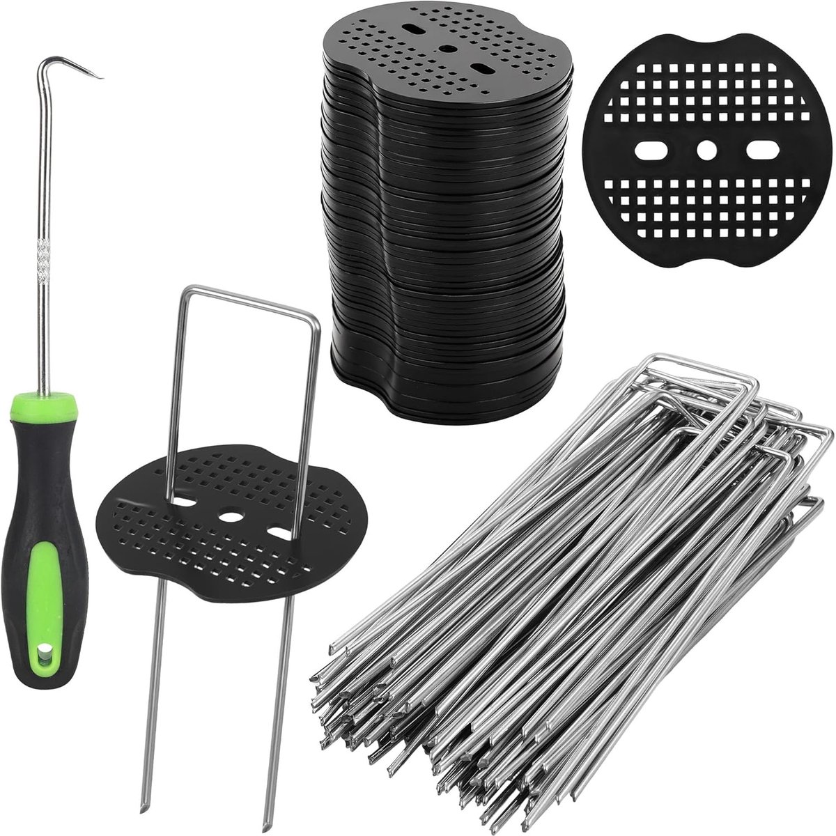 SnelShoppen - 50 Stuks Weed Cloth Haken + 50 Wasmachines, Grondankers voor Tuin, Kunstgras, Camping, U-Vormige Grondspijkers 150x40mm - Ø2.5mm