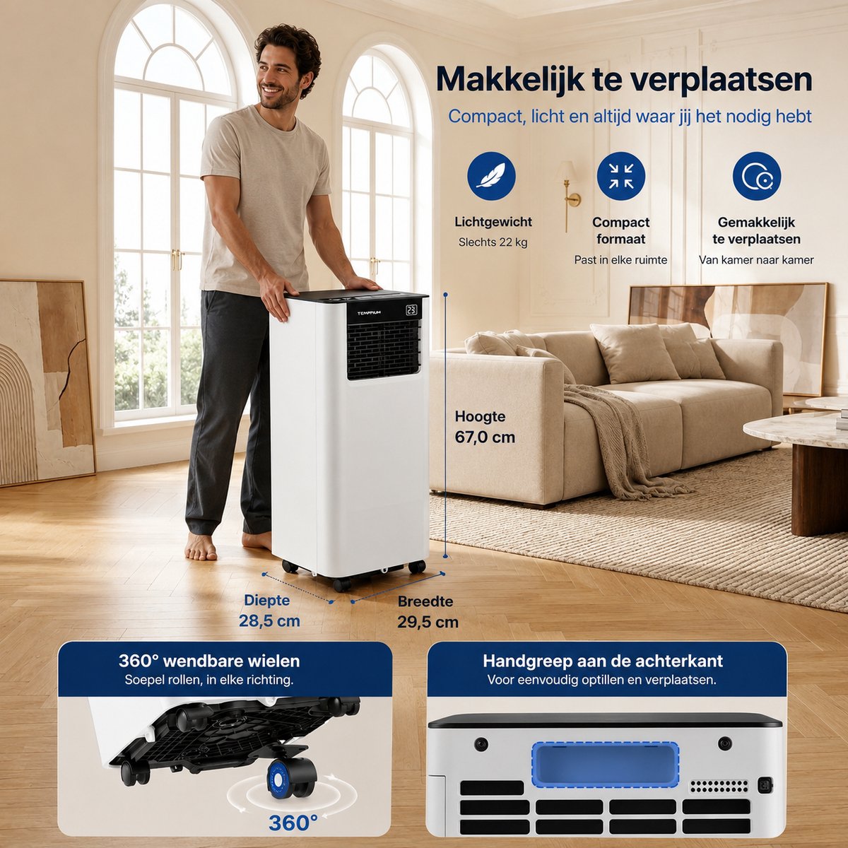 Temprium mobiele airco 7000 BTU SMART - Met afvoerslang - Draagbare Airco met App Bediening – 3 in 1 Koelen, Ventileren & Ontvochtigen – Airco Voor Slaapkamer en Woonkamer – Inclusief Raamkit — afbeelding 14