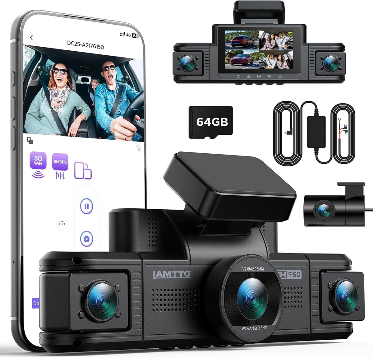 SnelShoppen - 4-Kanaals Dashcam Auto 360 Graden, 2K Infrarood Nachtzicht, 5GHz WiFi, Parkeermodus, Inclusief 64GB Kaart & Hardwire Kit
