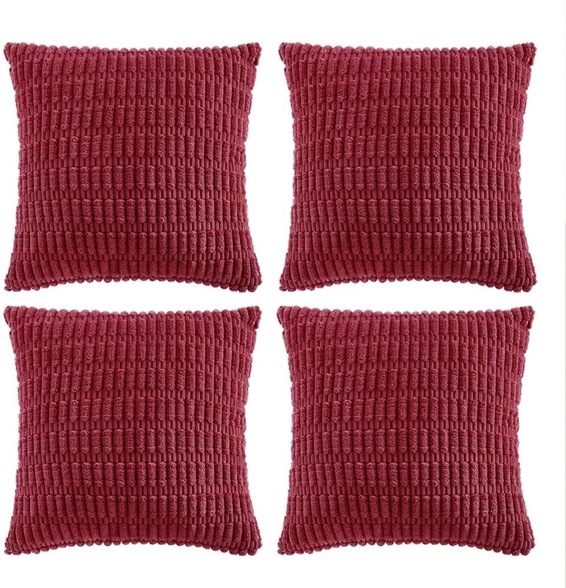 SnelShoppen - Set van 4 Boho Kussenhoezen 60 x 60 cm Wijnrood Pluizig Corduroy Kussenovertrek voor Bank, Slaapkamer en Woonkamer Decoratie